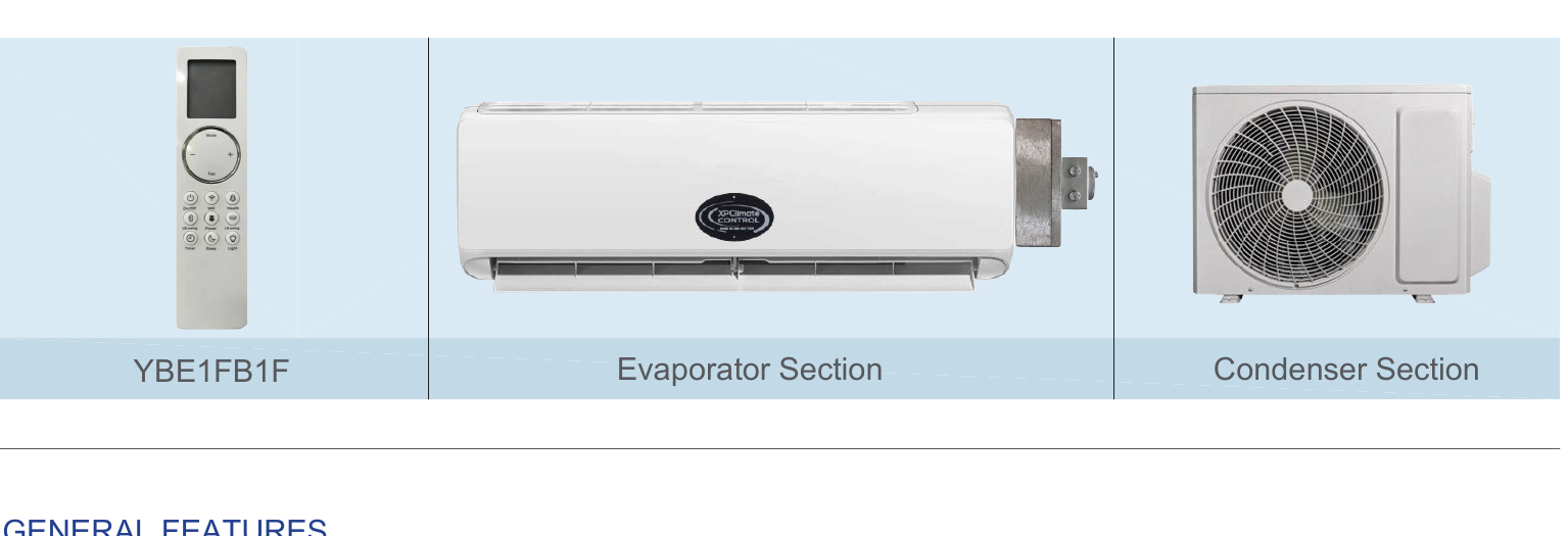 Explosion proof mini split components — wireless remote (YBE1FB1F), wall-mounted evaporator section, and outdoor condenser section